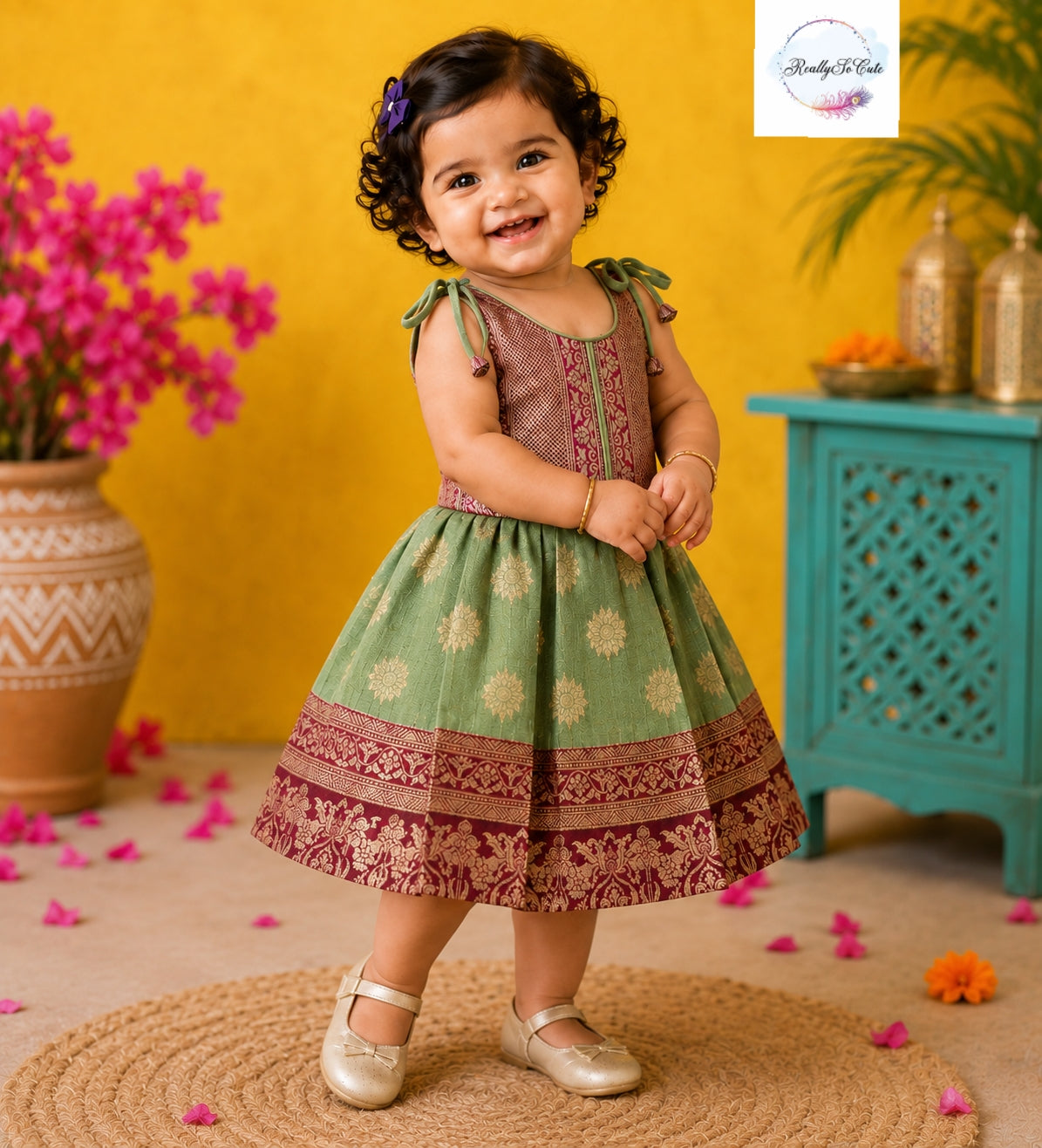 Sage Green & Magenta Pattu Baby Girl Dress with Shoulder Ties | Semi Silk