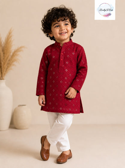 Maroon Sequin Embroidered Cotton Kurta Pajama Set for Boys