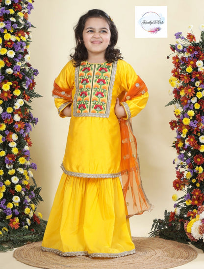 Yellow chanderi kurti sharara dupatta set, Muslin silk kurta sharara