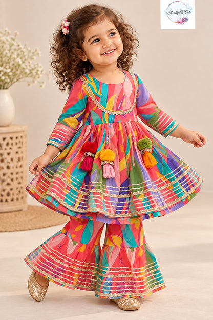 Girls Multicolor Printed Peplum Sharara Set with Tassels & Gota Patti Work