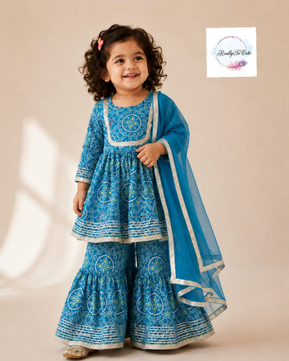 Blue Bandhani Cotton Sharara Set for Girls (3M–16Y) | Soft Ethnic Kidswear, Kids Bandhani Outfit USA