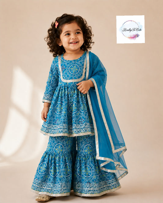 Blue Bandhani Cotton Sharara Set for Girls (3M–16Y) | Soft Ethnic Kidswear