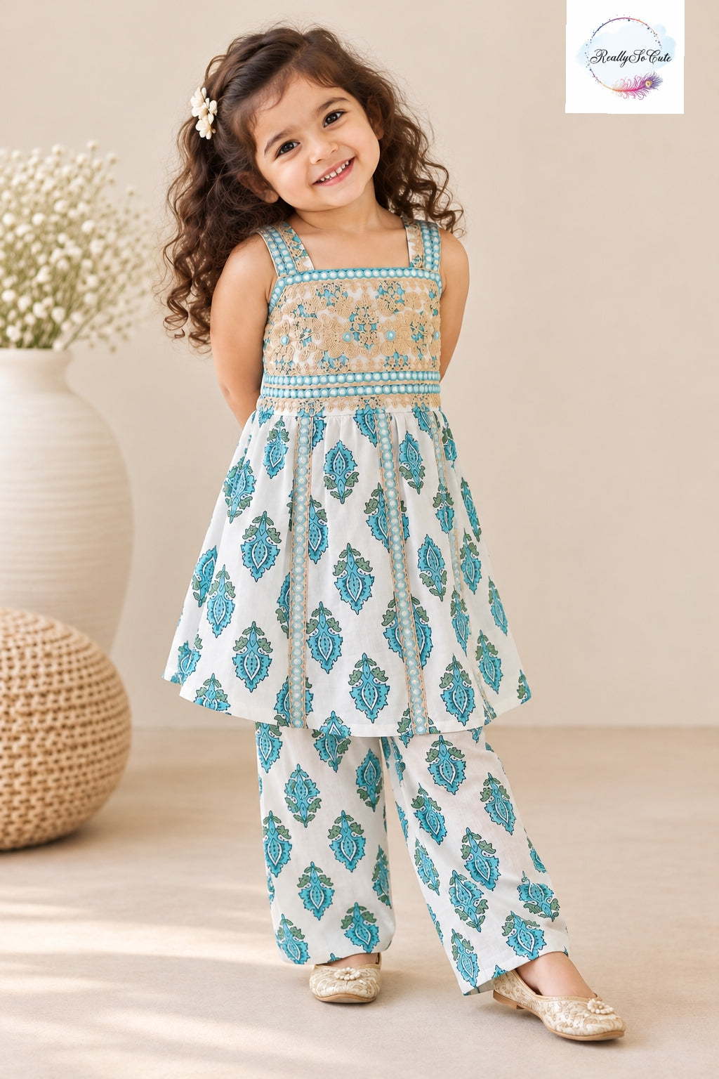 Girls  Floral Print Pure Cotton Kurti & Pant Set with Mirror Work | 1–5 Years