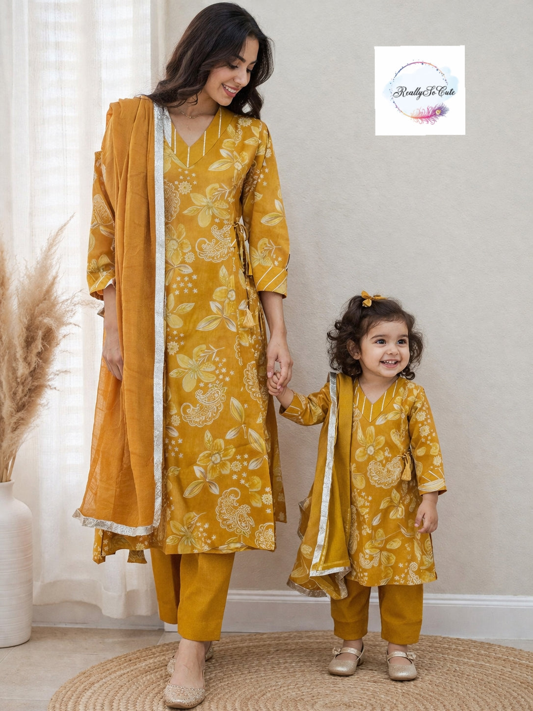 Mustard Floral Muslin Kurta Set for Women with Pockets | Mom & Me Matching Available | S–XXL