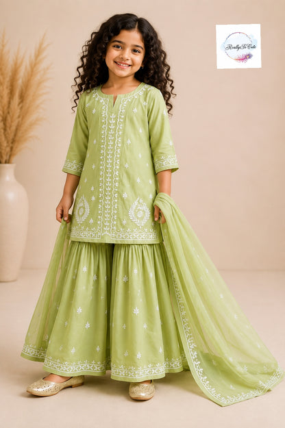Girls Pistachio Green Chikankari Georgette 4-Piece Sharara Set