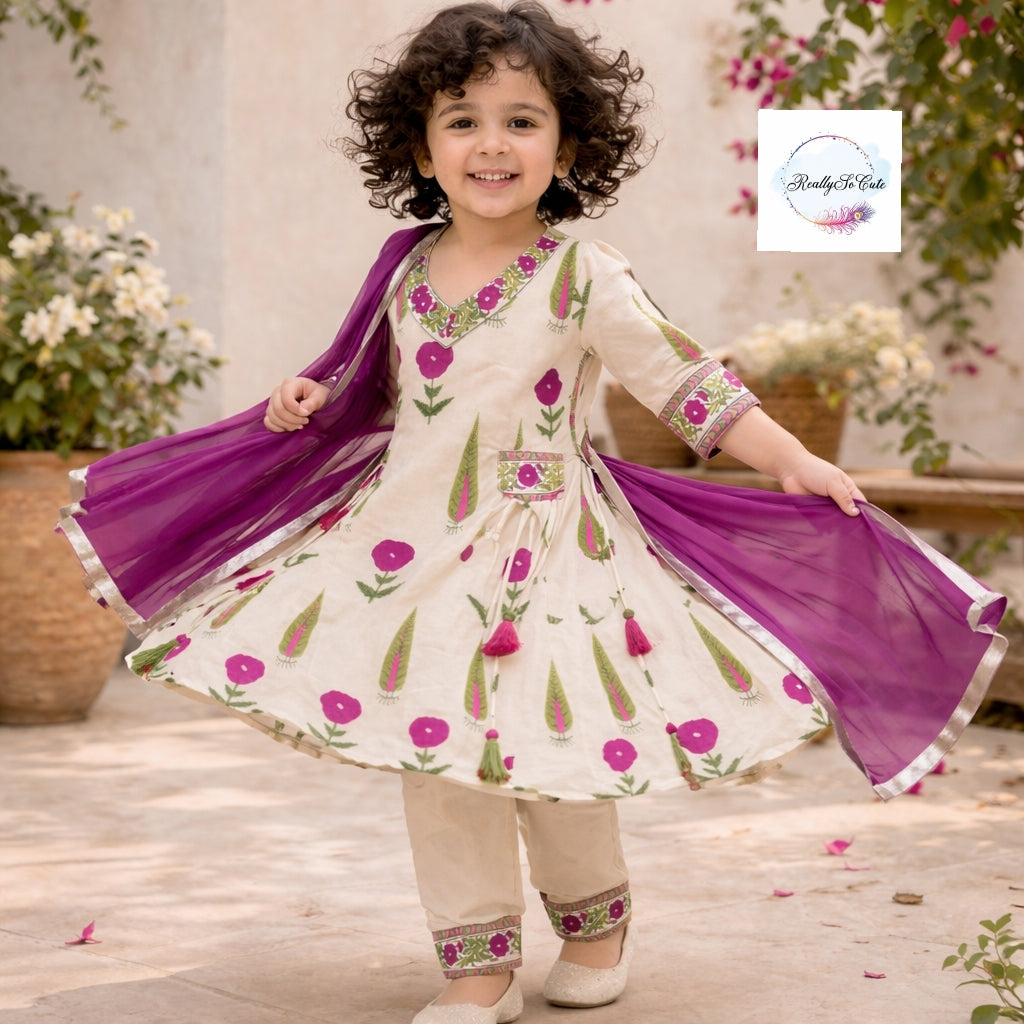 Girls Floral Handloom Cotton Kurta Set | Ethnic Wear (3M–15Y)Purple girl ethnic wear
