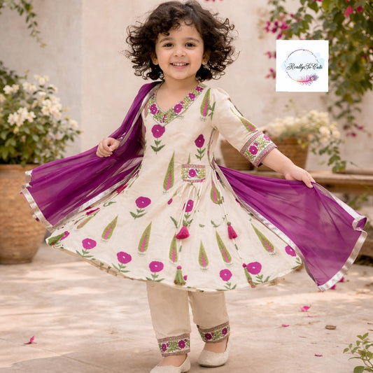 Girls Floral Handloom Cotton Kurta Set | Ethnic Wear (3M–14Y)Purple girl ethnic wear