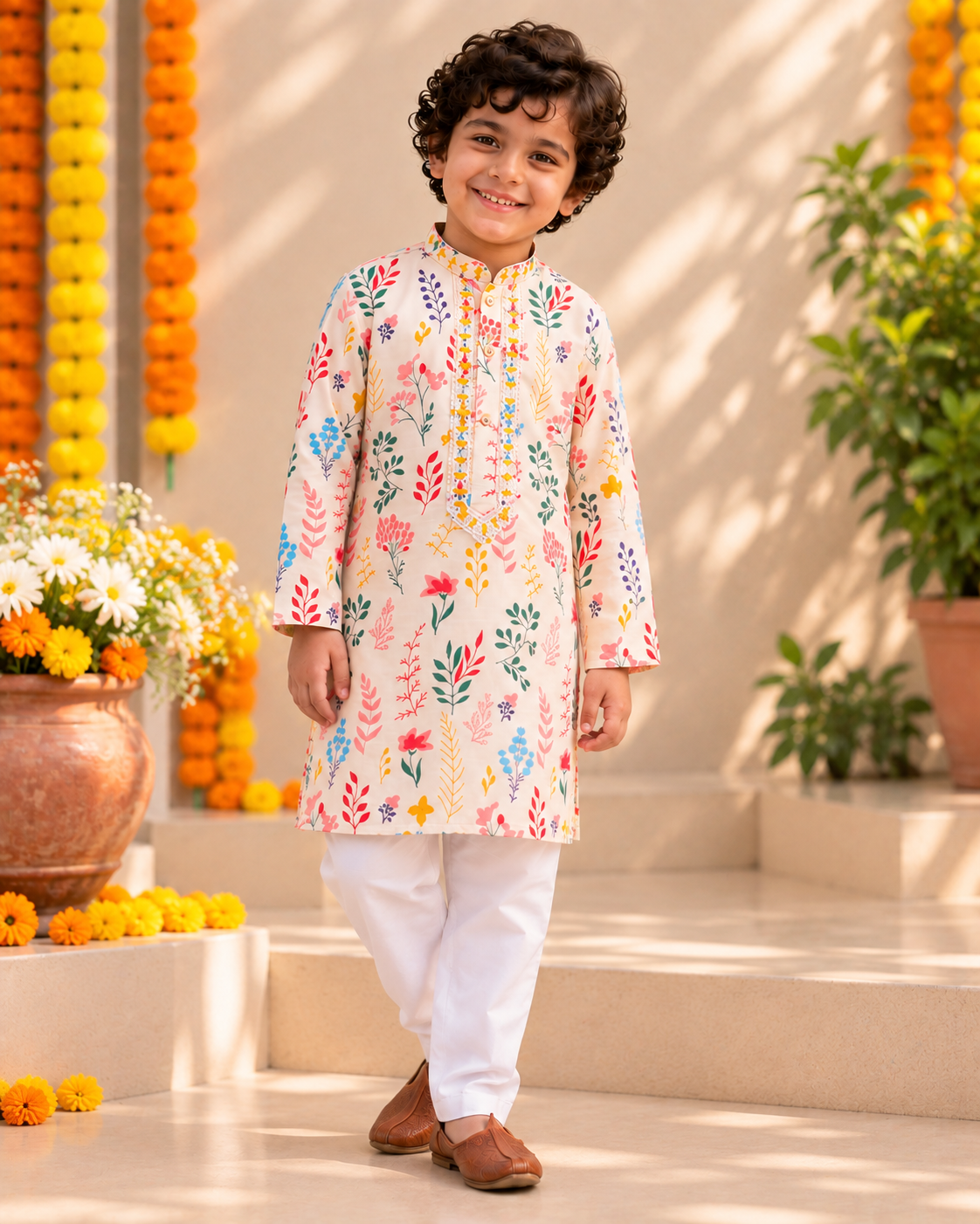 Pure Cotton Floral Kurta Pajama Set for Boys | Sibling Combo Available