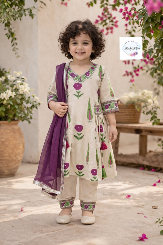 Girls Floral Handloom Cotton Kurta Set | Ethnic Wear (3M–14Y)Purple girl ethnic wear