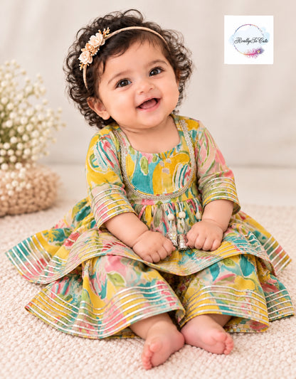 Baby Girls Multicolor Floral Ethnic Wear Set (0–6 Months) | Peplum Dhoti & Kurti Sharara