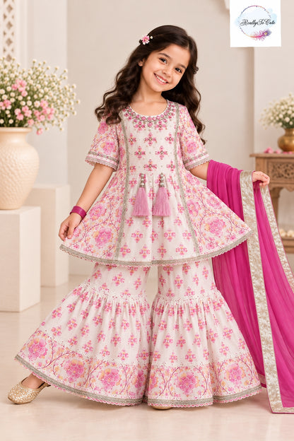 Girls Pink Floral Pure Cotton Sharara Set with Dupatta | Kids Ethnic Wear