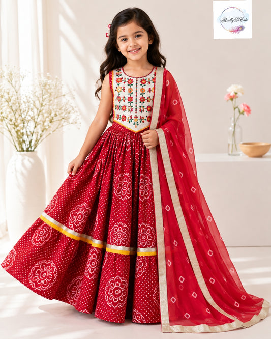 Girls Red Bandhani Lehenga Choli with Dupatta | Pure Cotton | 6M–15Y
