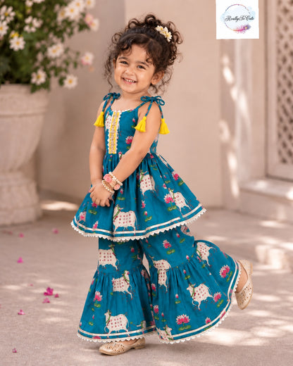 Pichwai Floral Print Pure Cotton Girls Sharara Set – Teal | 1–6 Years