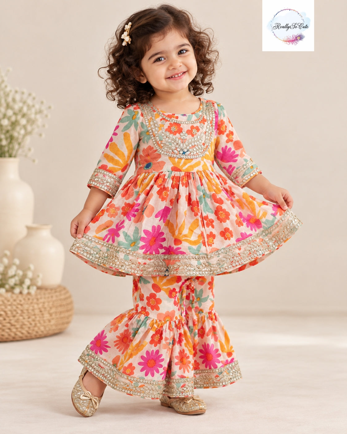 Girls Multicolor Floral Print Pure Cotton Kurti & Sharara Set with Mirror Work | 1–5 Years