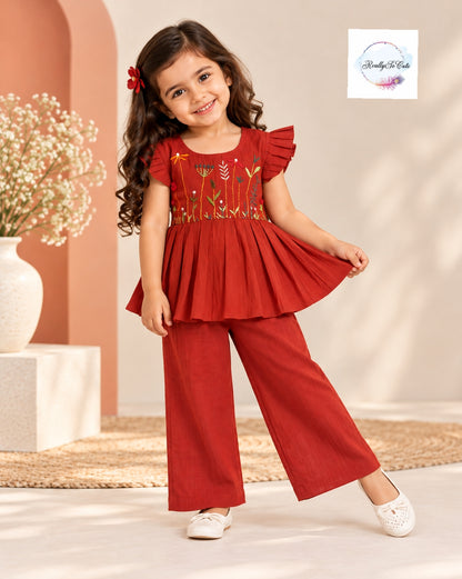 Girls Rust Red Floral Embroidered Chanderi Muslin Peplum Top & Pant Set