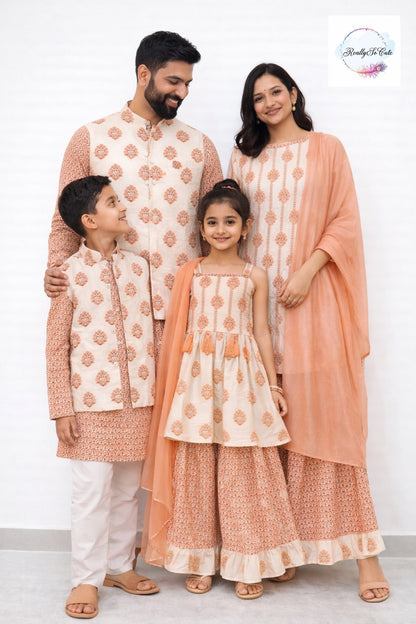 Peach Cotton Ethnic Girl Set | Soft Festive Indian Outfit for Kids (Girl set only)block print set