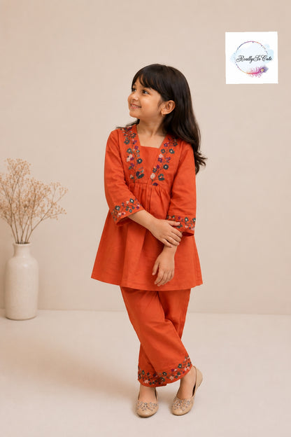 Rust Orange Embroidered Cotton Co-Ord Set for Girls | Matching Mom & Daughter Outfit