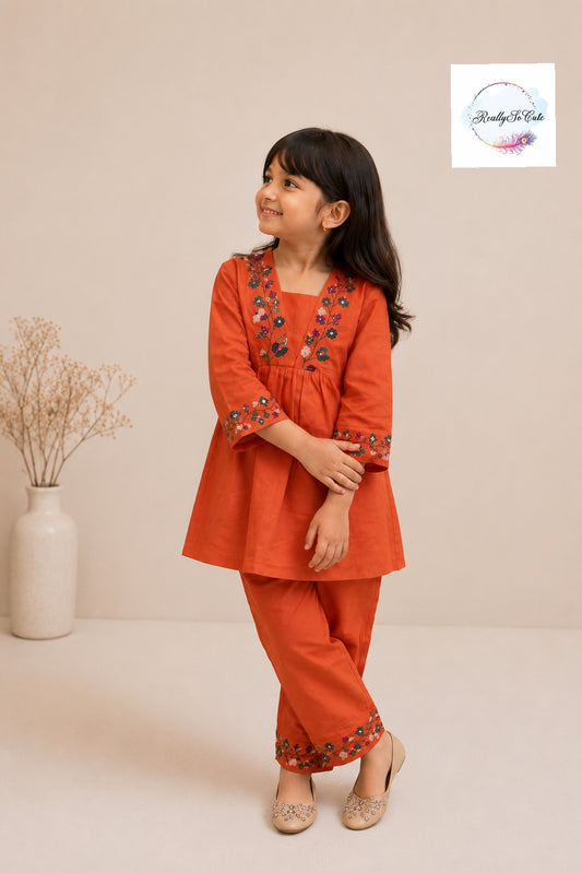 Crimson Orange Embroidered Cotton Co-Ord Set for Girls | Matching Mom & Daughter Outfit