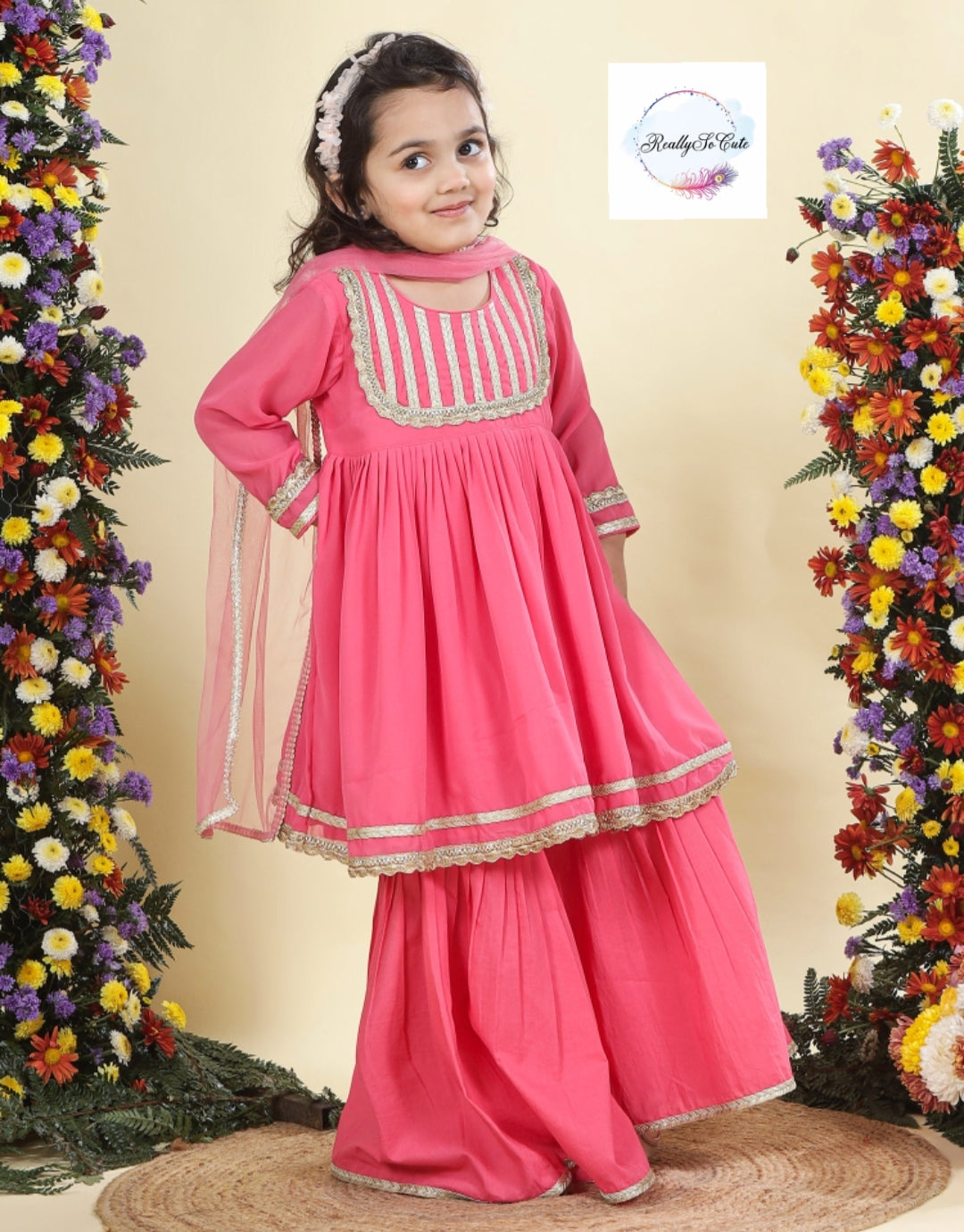 Coral Girls 3 piece sharara Kurti set, Soft Georgette kurti sharara set