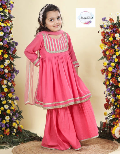 Coral Girls 3 piece sharara Kurti set, Soft Georgette kurti sharara set