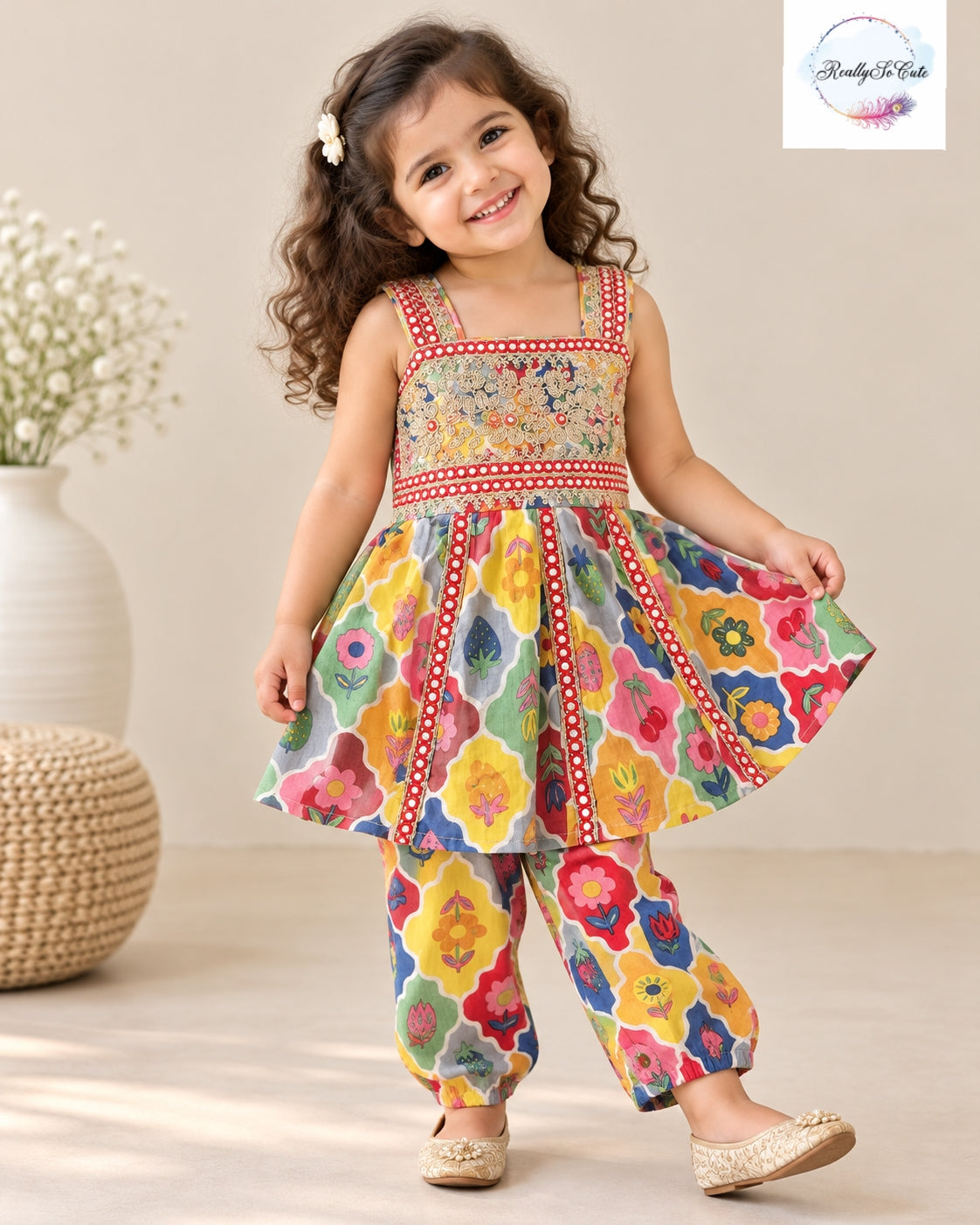 Girls Multicolor Floral Print Pure Cotton Kurti & Pant Set with Mirror Work |