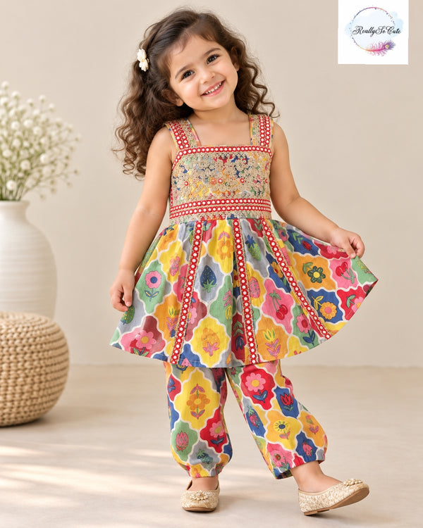 Girls Multicolor Floral Print Pure Cotton Kurti & Pant Set with Mirror Work |