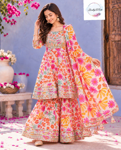 Multicolor Printed Pure Cotton Sharara Set for Women with Dupatta | Sizes M–XXL (38–44)