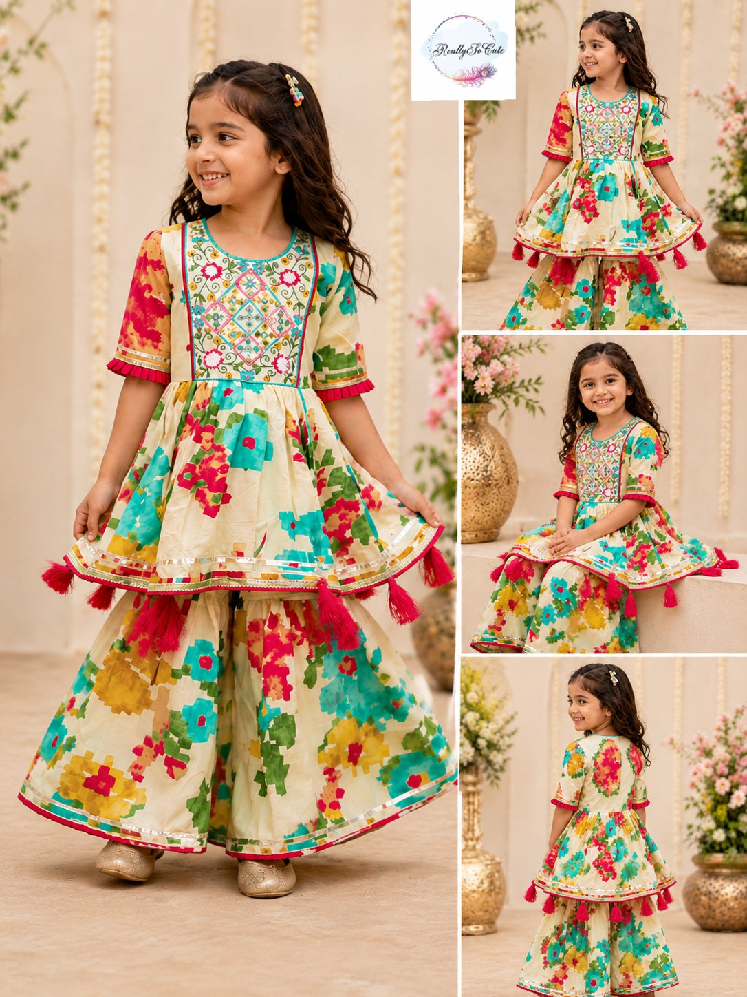 Girls Floral Sharara Set in Pure Cotton | Sibling Matching Outfit | 3M–15Y