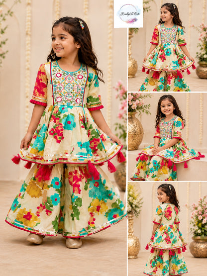 Girls Floral Sharara Set in Pure Cotton | Sibling Matching Outfit | 3M–15Y