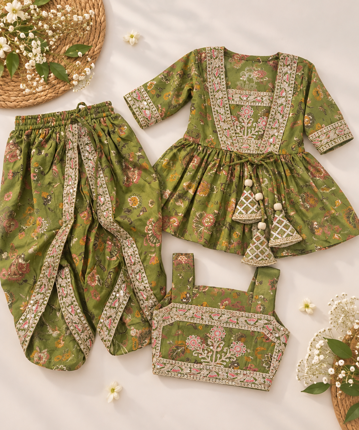 Olive Green Floral Muslin Girls Dhoti Set with Embroidered Jacket & Crop Top