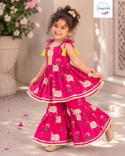 Pichwai Floral Print Pure Cotton Girls Sharara Set – pink | 1–6 Years