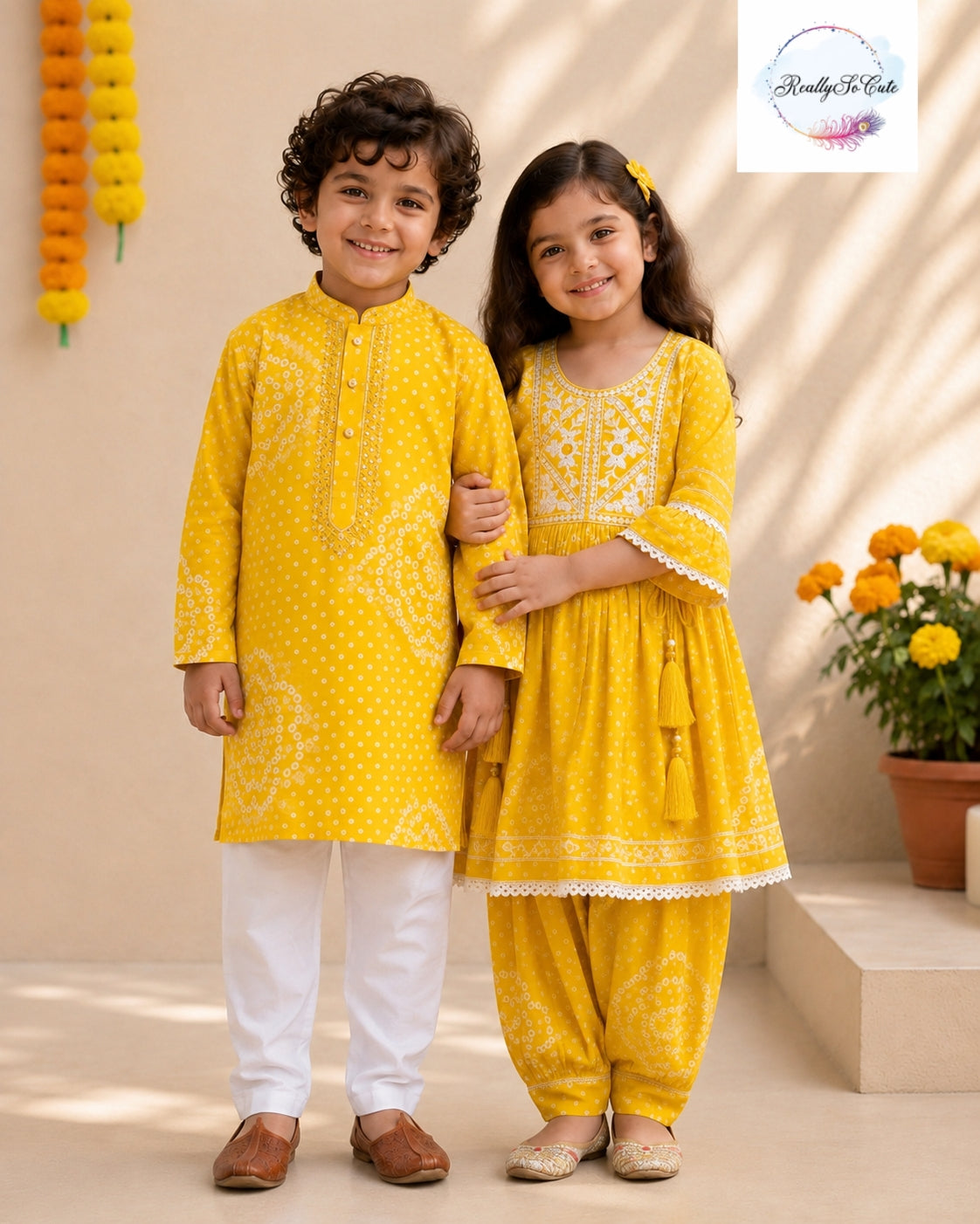Sunshine Yellow Pure Cotton Mirror Work Kurta Pajama Set for Boys