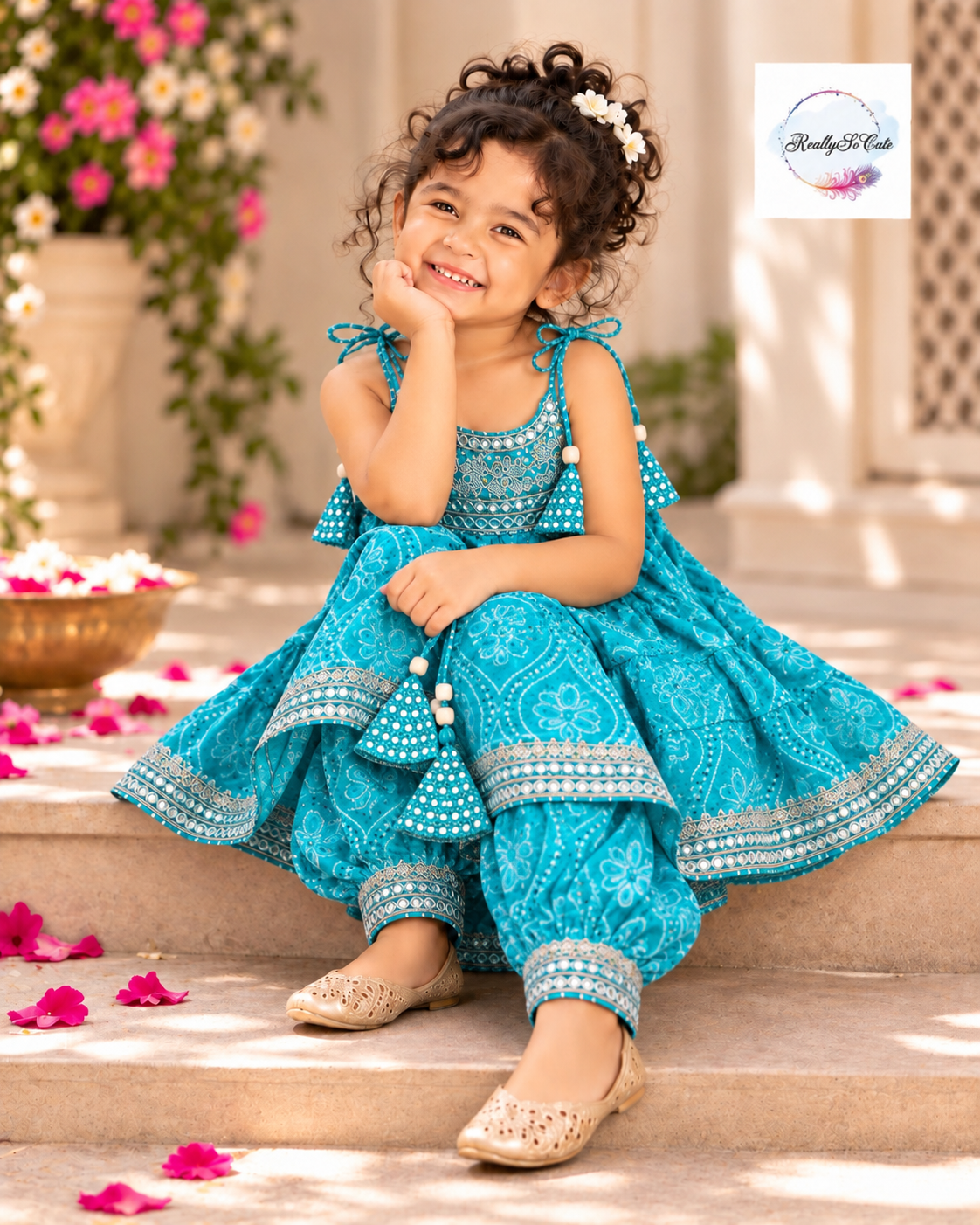 Blue Bandhani Muslin Cotton Afghan Salwar Set, sibling combo