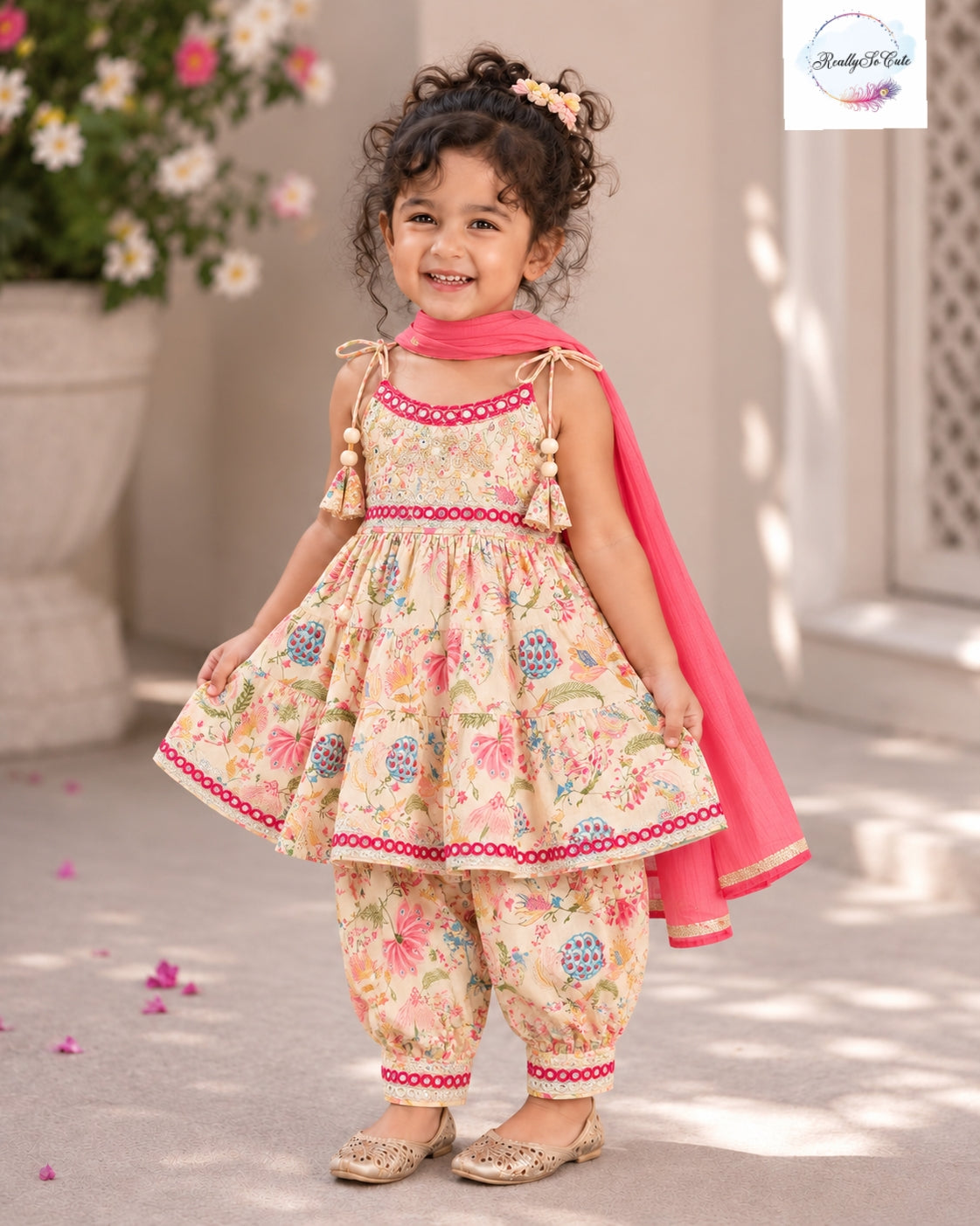 Girls Pure Cotton Floral Tiered Ethnic Set with Dupatta | Sibling Combo