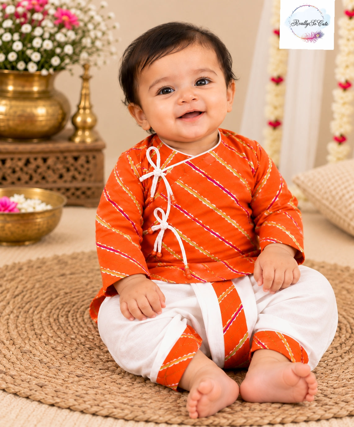 Baby Orange Leheriya Print Pure Cotton Angrakha Kurta & Dhoti Set | 0–2Y