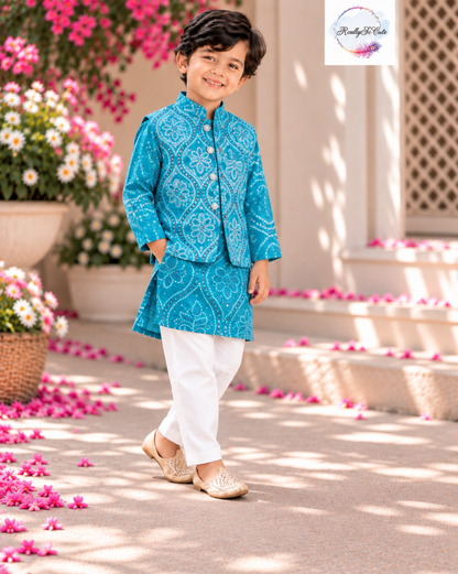 Boys blue Bandhani Kurta Pajama Jacket Set