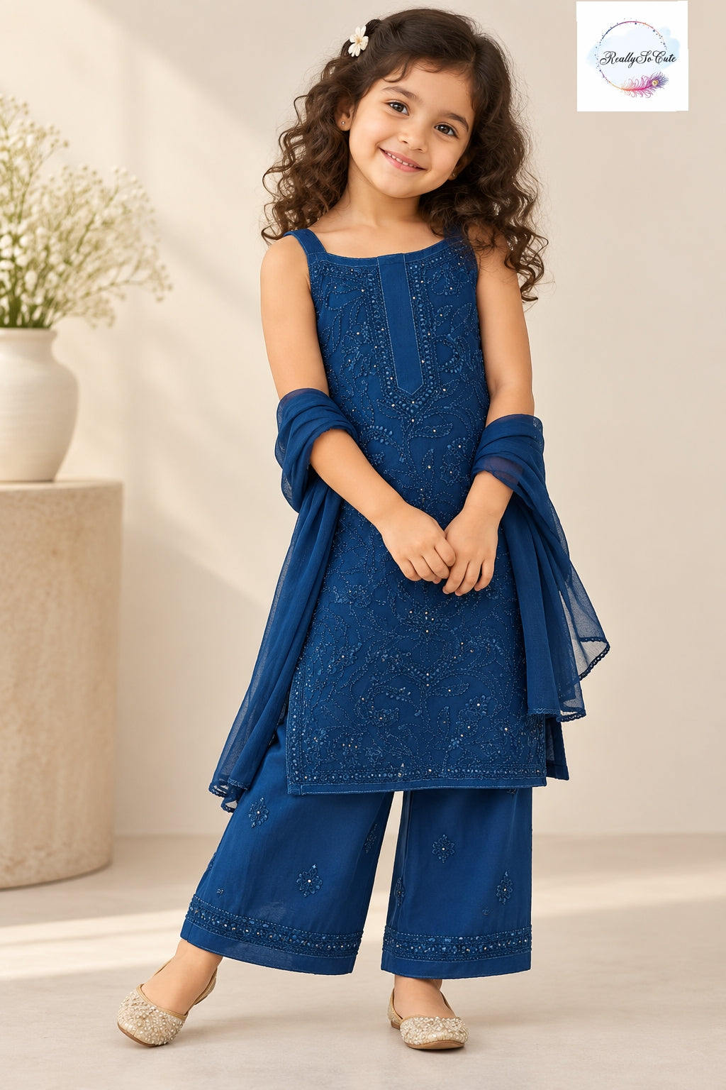 Royal Blue Kids Pure Georgette Handwork Chikankari Set