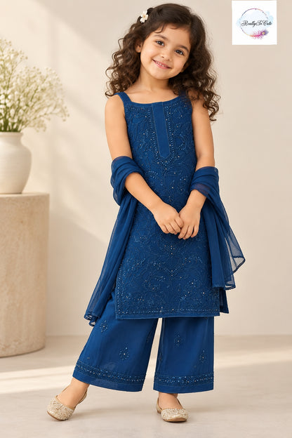 Royal Blue Kids Pure Georgette Handwork Chikankari Set