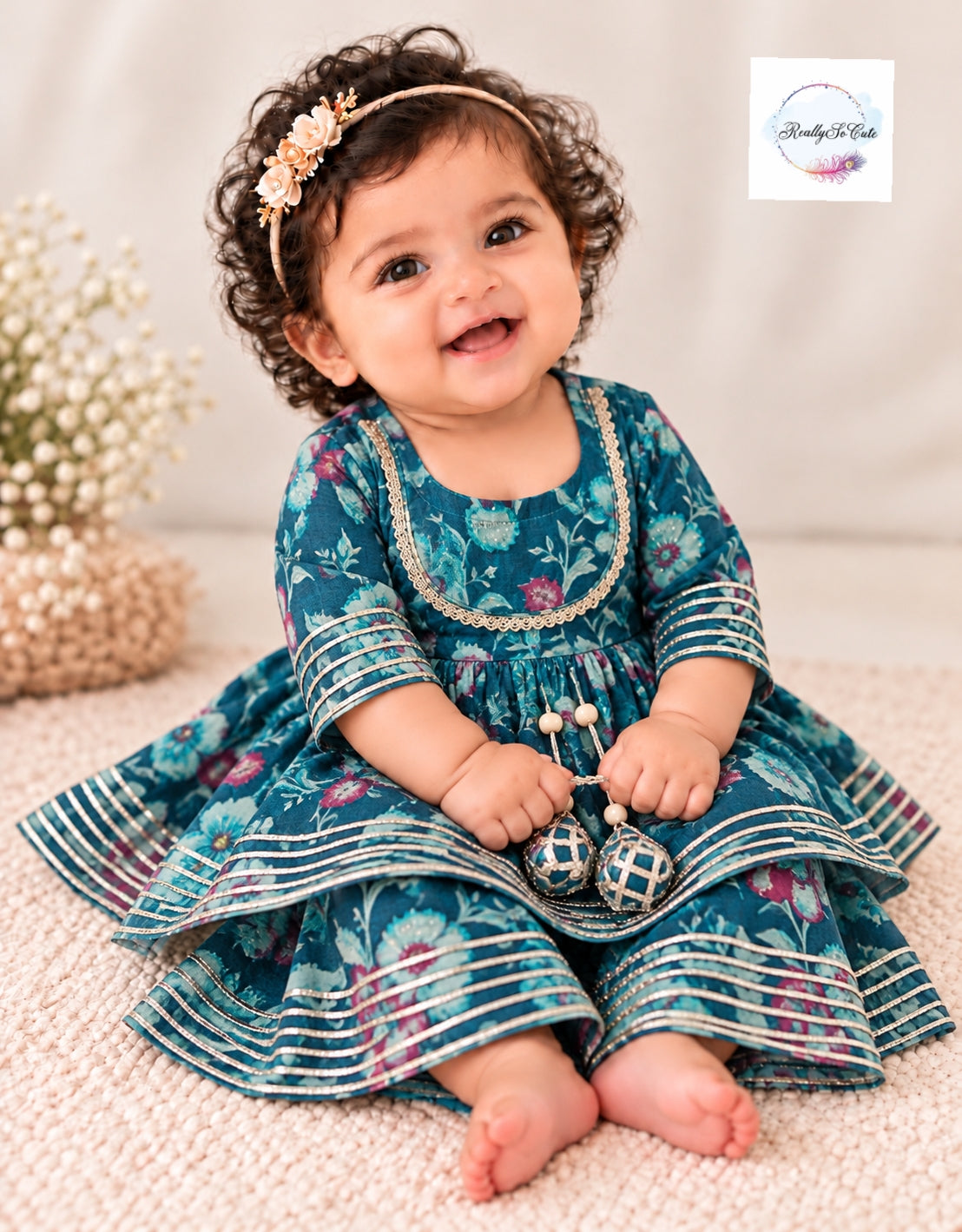 Baby Girls Teal Floral Ethnic Wear Set | Kurti Sharara & Peplum Salwar Styles 0-6 months