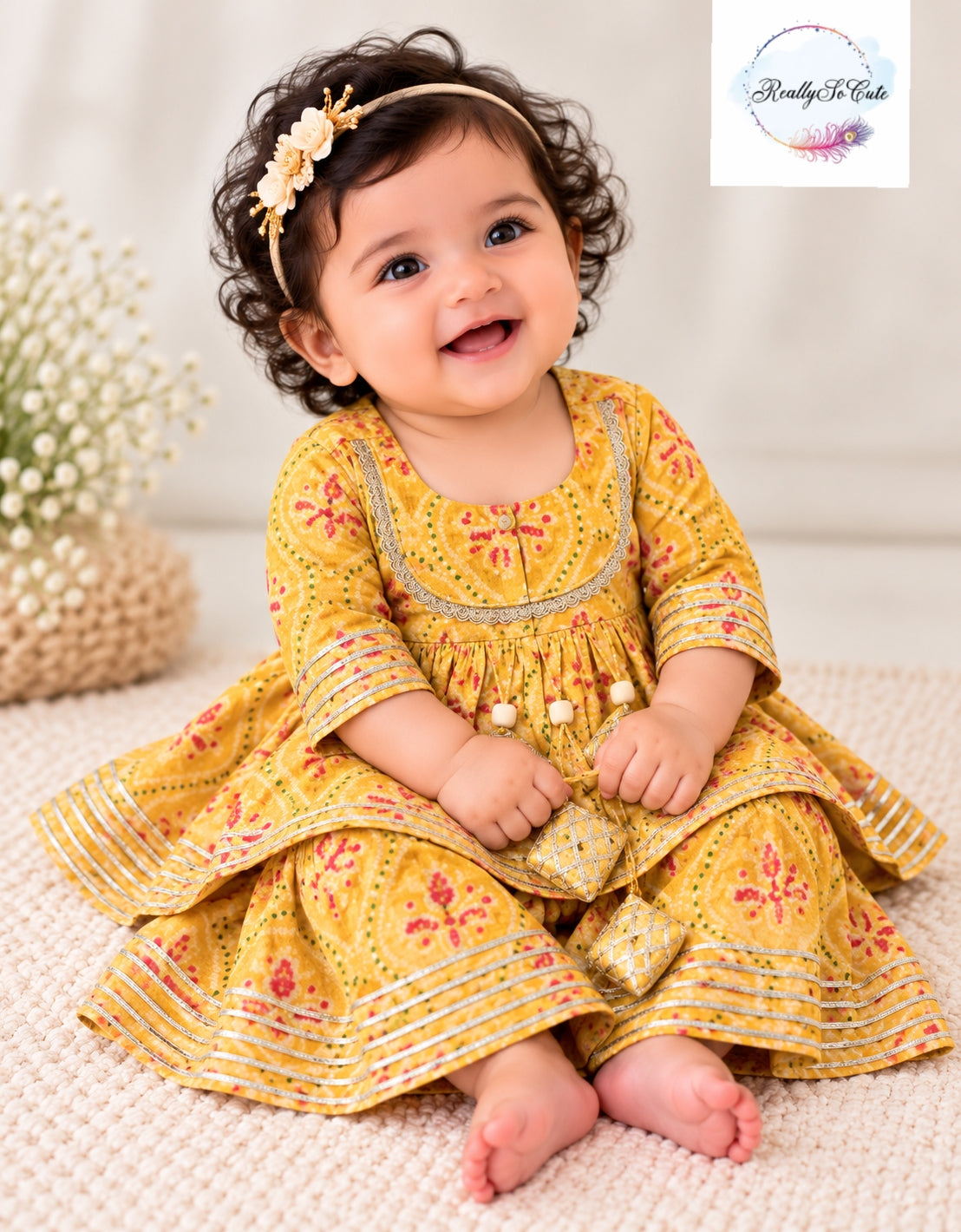 Baby Girls Multicolor yellow Bandhani Ethnic Wear Sets | 0–6 Months