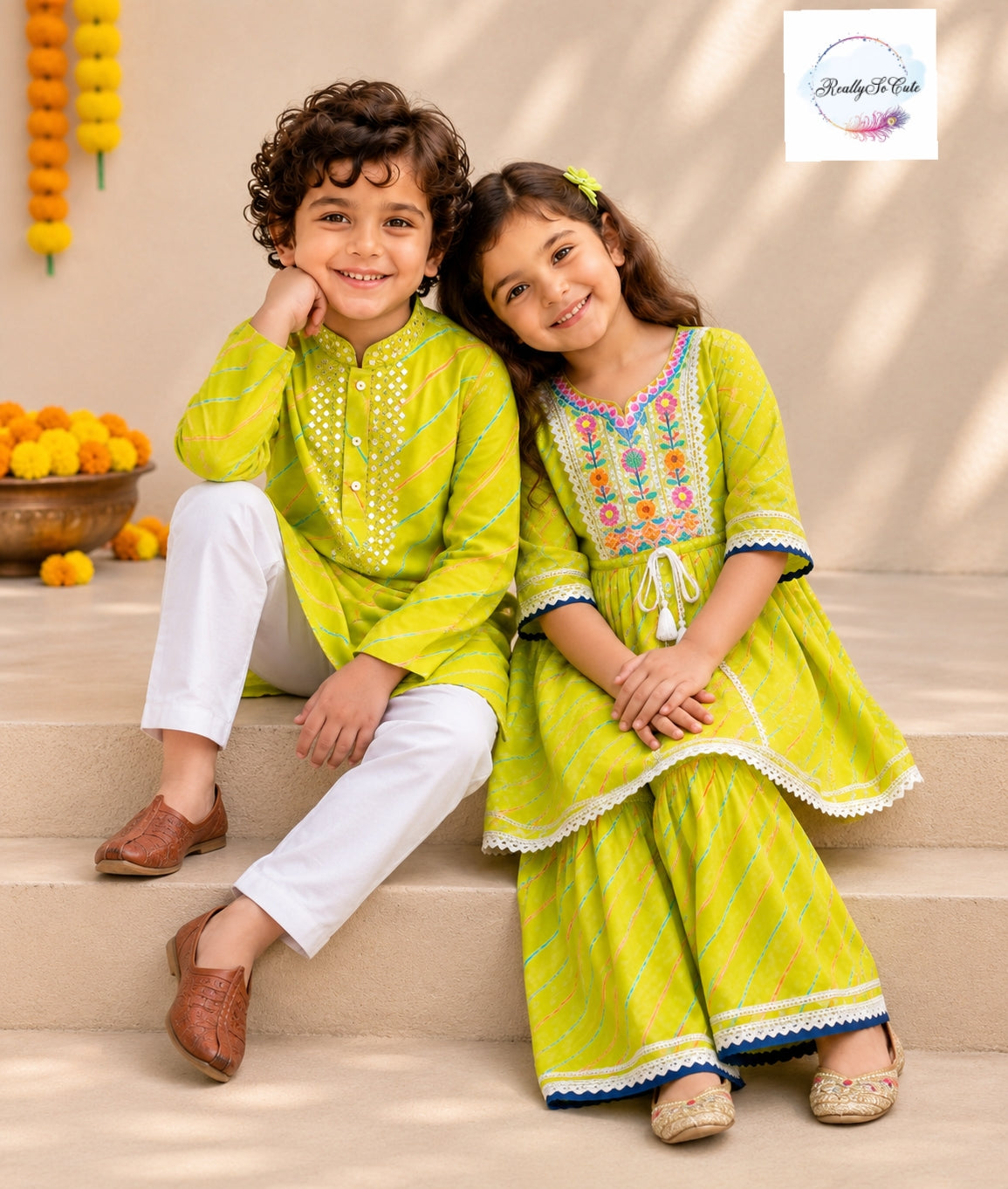 Lime Green Pure Cotton Mirror Work Kurta Pajama Set for Boys