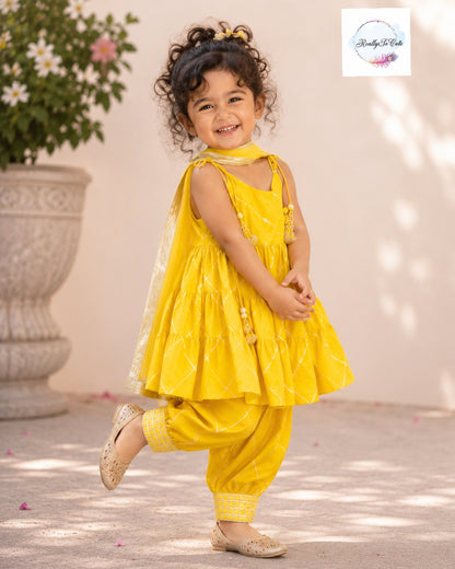 Sunshine Yellow Pure Cotton Girls Afghani Salwar Set with Dupatta