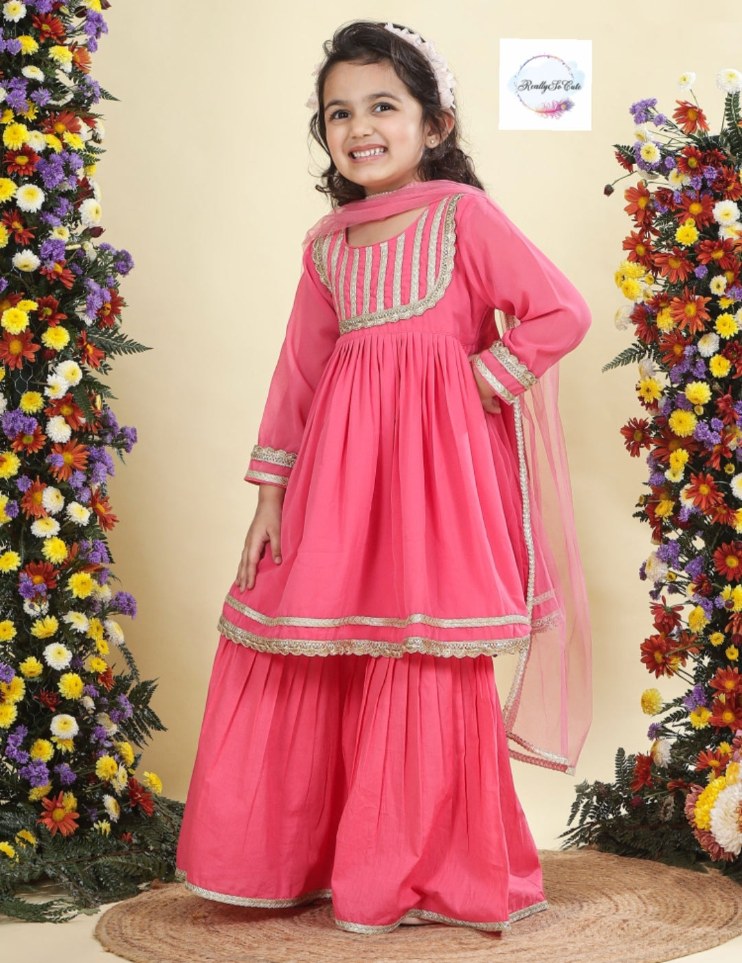 Coral Girls 3 piece sharara Kurti set, Soft Georgette kurti sharara set
