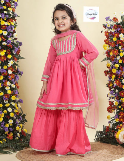 Coral Girls 3 piece sharara Kurti set, Soft Georgette kurti sharara set