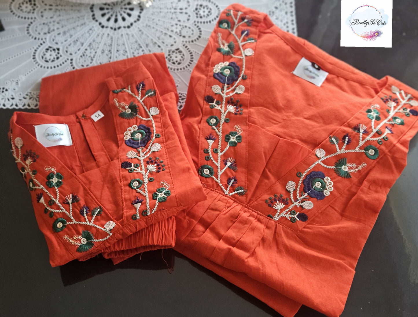 Rust Orange Embroidered Cotton Co-Ord Set for Girls | Matching Mom & Daughter Outfit