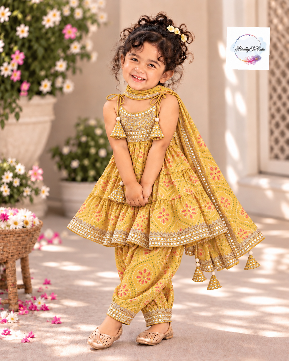 Yellow Bandhani Muslin Cotton Afghan Salwar Set, sibling combo