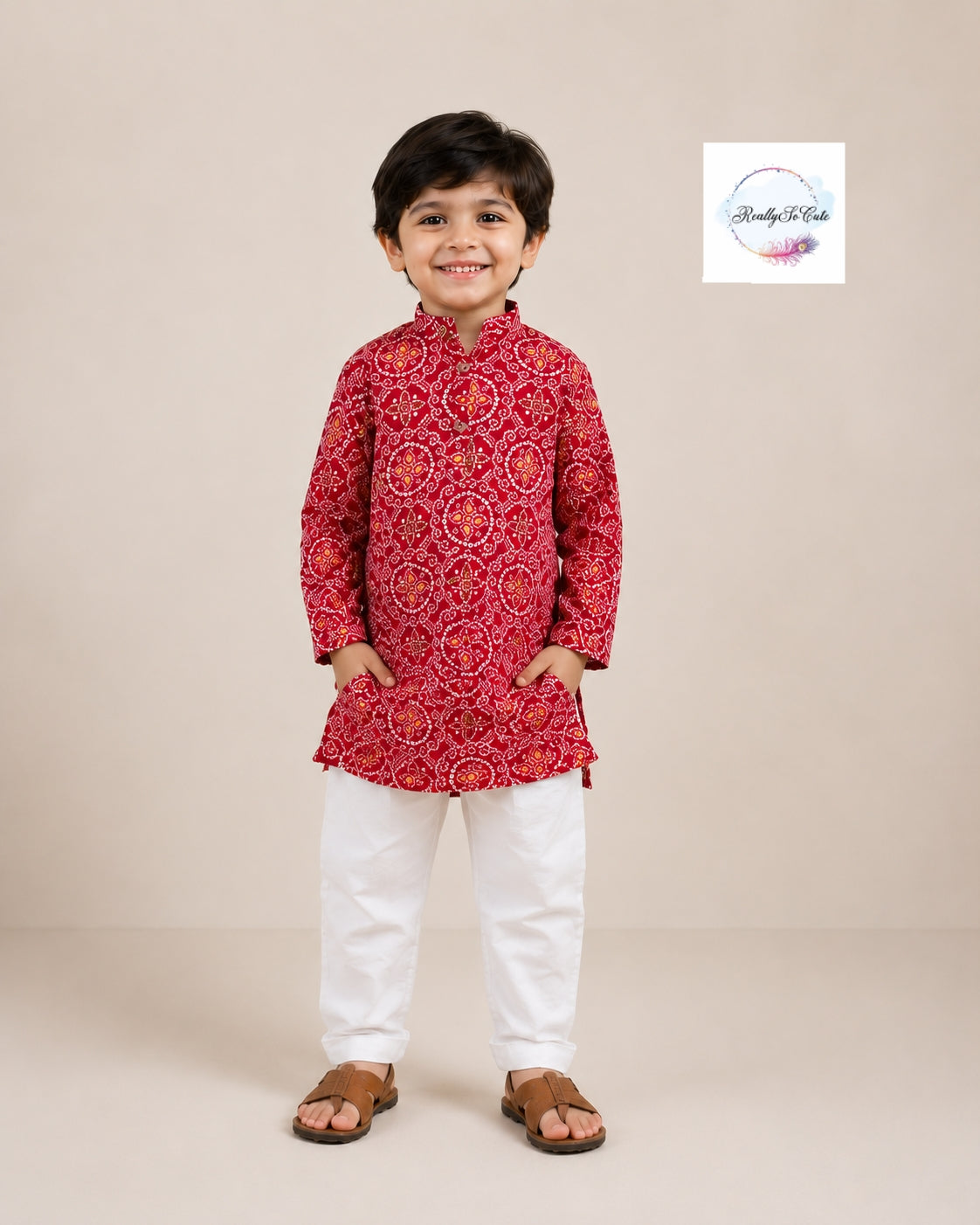 Red Bandhani Print Boys Kurta Pajama Set in Soft Cotton, Kids Bandhani Outfit USA