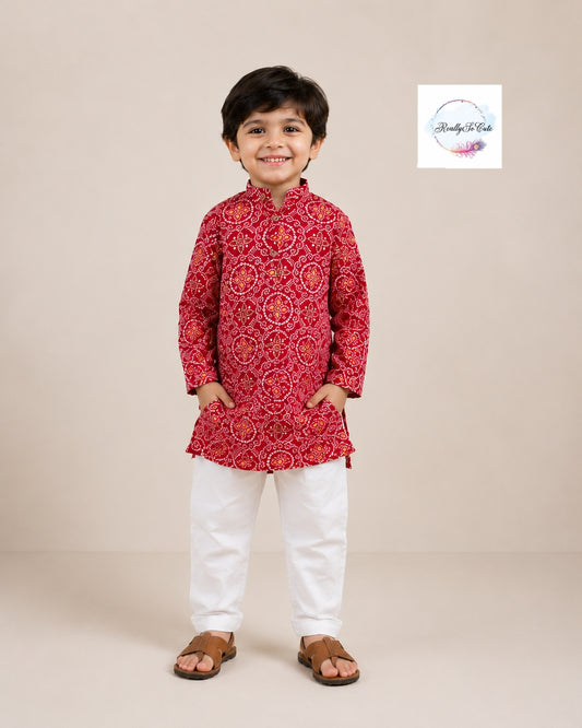 Red Bandhani Print Boys Kurta Pajama Set in Soft Cotton