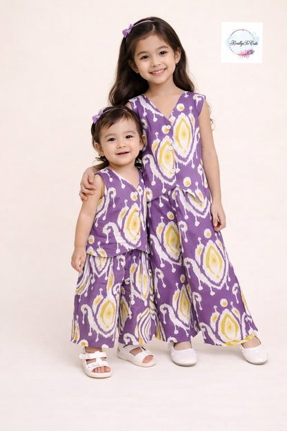 Purple Ikat Print Girls Cotton vest style Co-Ord Set | Sleeveless Ethnic Wear for Kids 3M–13Y