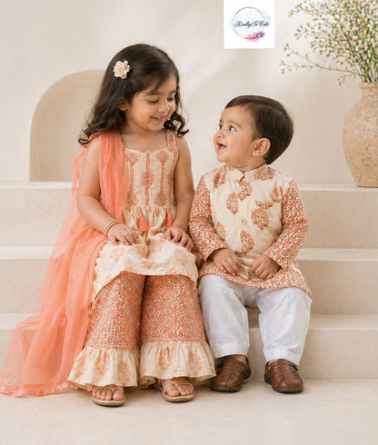 Block print jacket kurta pajama set, boy kurta pajama, Peach Block print